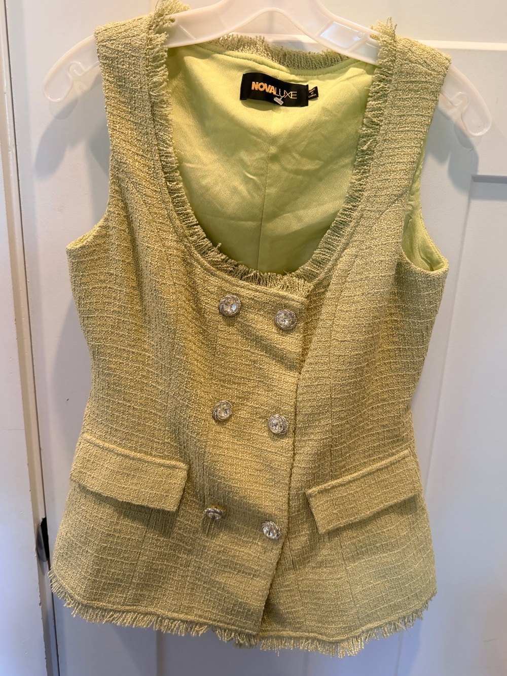 Nova Luxe Tweed Vest Medium Pistachio Green Double Breasted Sleeveless Blazer